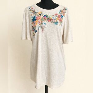 Democracy Floral Embroidered & Screen Print Oatmeal Tee | Boho Top L
